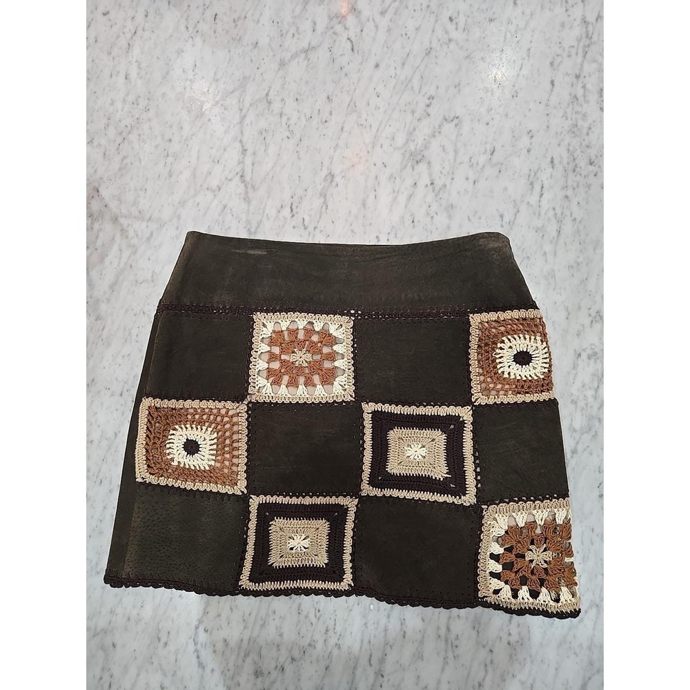 Genuine leather‎ crochet mini skirt brown Sz7 lining side zipper